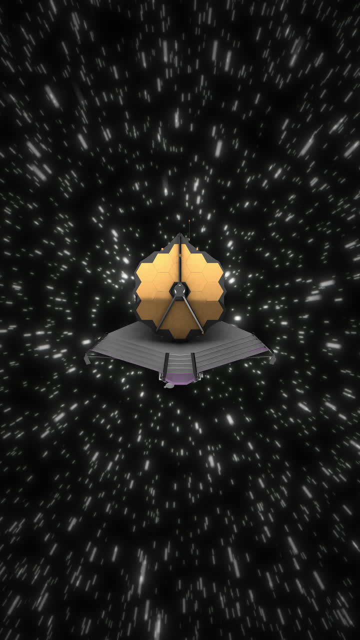 Vertical Video of James Webb Space Telescope Moving Through Hyperspace Wormhole with Stars Passing Rapidly. 3D Abstract Science Astronomy Interstellar Exploring Animation Concept.