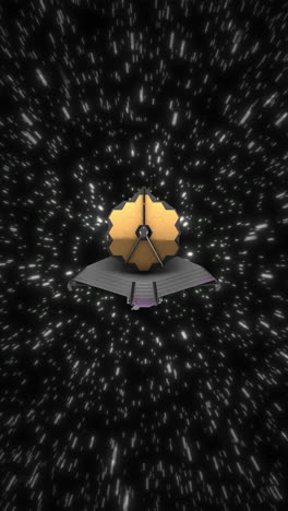 vertical video of james webb space telescope moving through hyperspace wormhole with stars passing rapidly. 3d abstract science astronomy interstellar exploring animation concept.