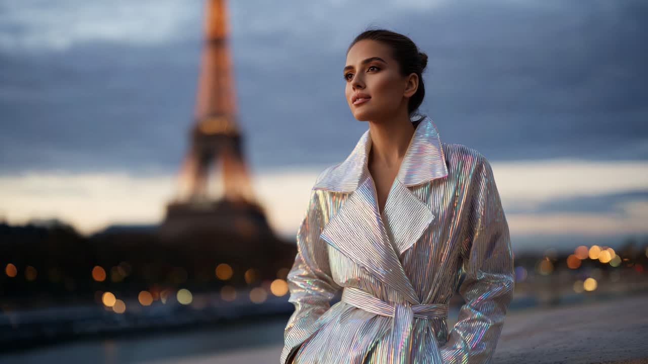 A Glamorous Woman Dressed in an Iridescent Coat Poses Elegantly Against the Iconic Eiffel Tower, Capturing a Beautiful Twilight Moment in Paris