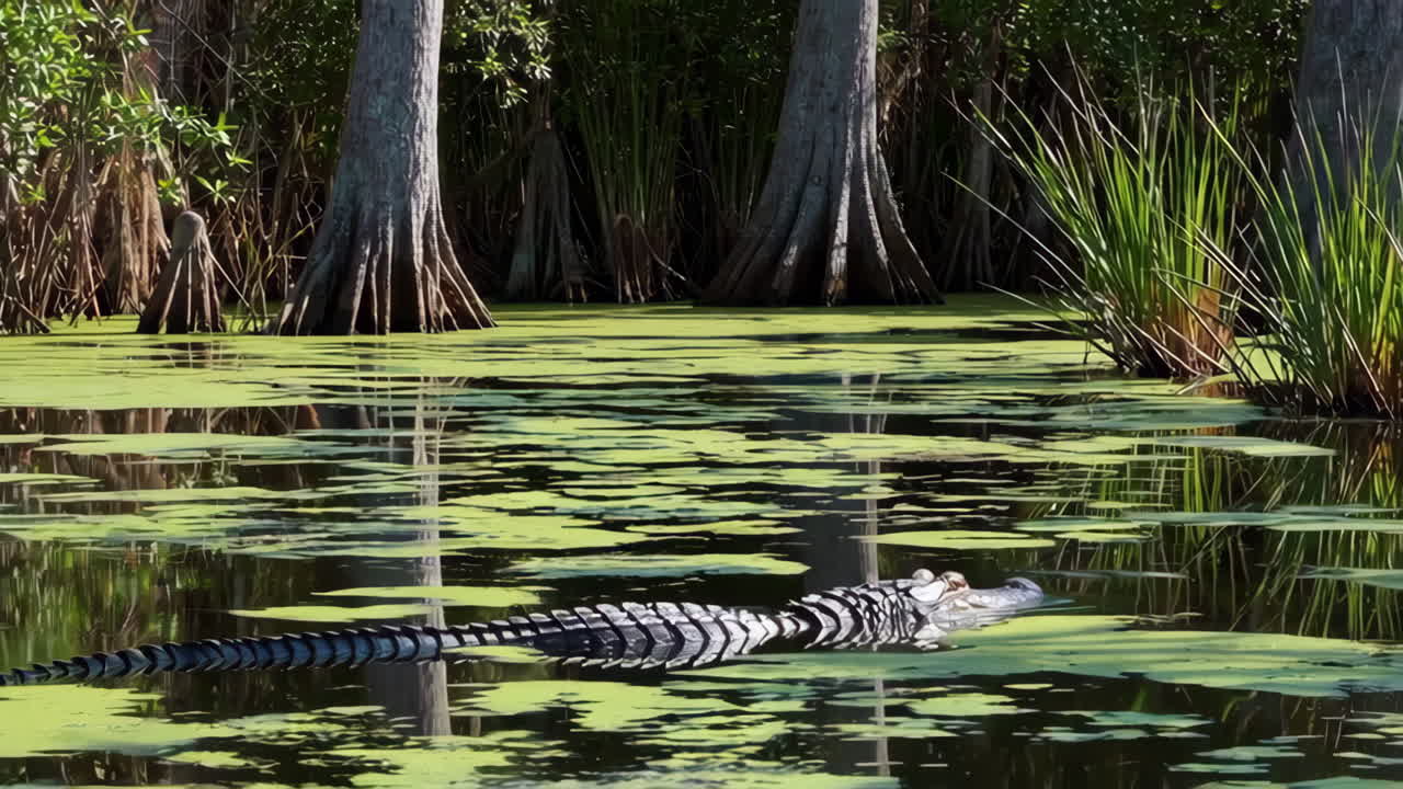 Alligator swimming in a green swamp