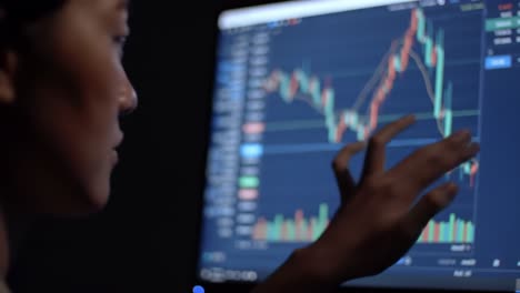 analyzing market trends: a close-up on a trader interacting with financial data visualization on a screen, reflecting the complexity of investment decisions