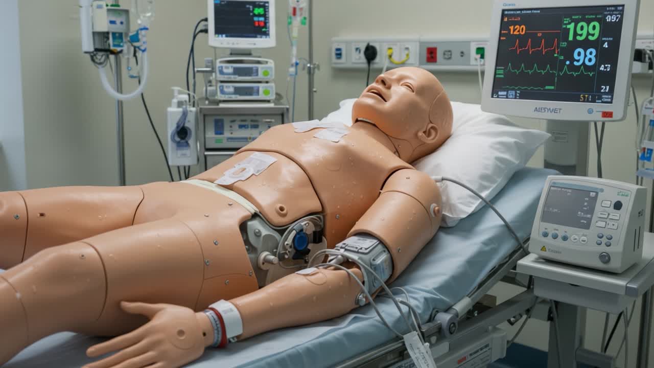 Realistic Medical Simulation: A Lifesize Mannequin in a Hospital Bed with Monitoring Equipment Showing Vital Signs and Readings Reflecting Emergency Medical Scenarios