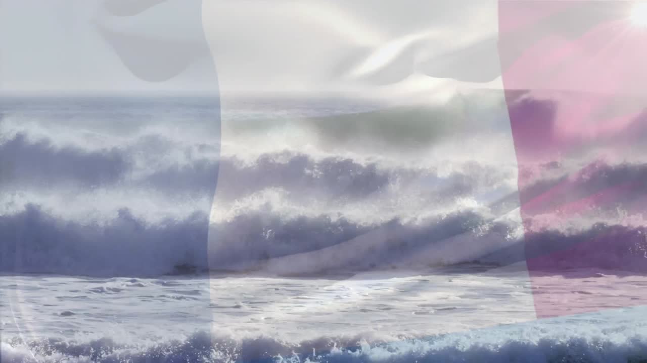 animación de la bandera de francia soplando sobre la ola en el mar
