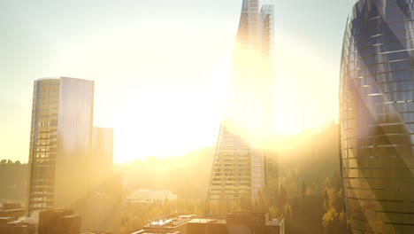 city skyscrapes with lense flairs at sunset