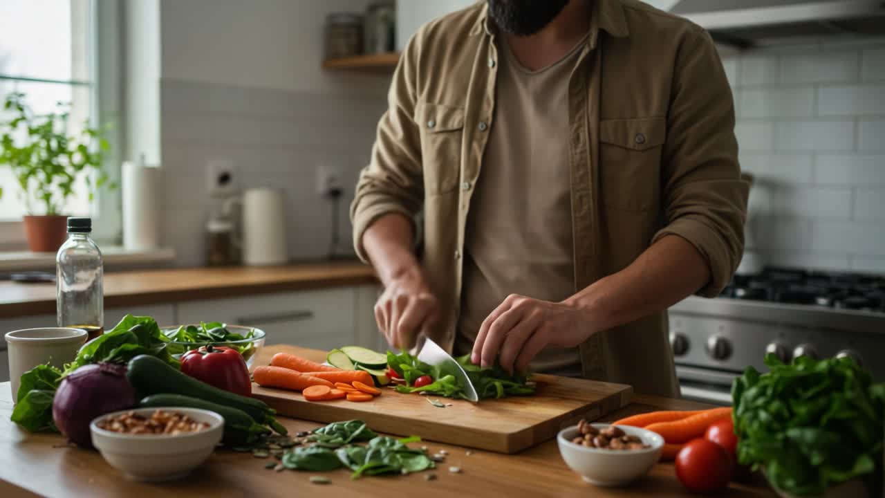 Preparazione culinaria: un uomo taglia abilmente verdure fresche in una cucina luminosa, sottolineando l'alimentazione sana e le tecniche di cottura