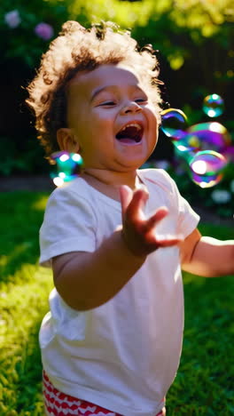 joyful child playing with bubbles outdoors