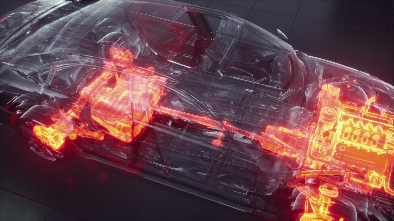 transparent car with engine in laboratory