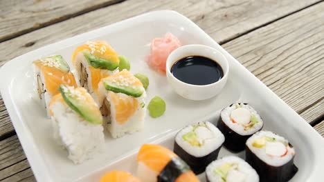 set of assorted sushi served on plate