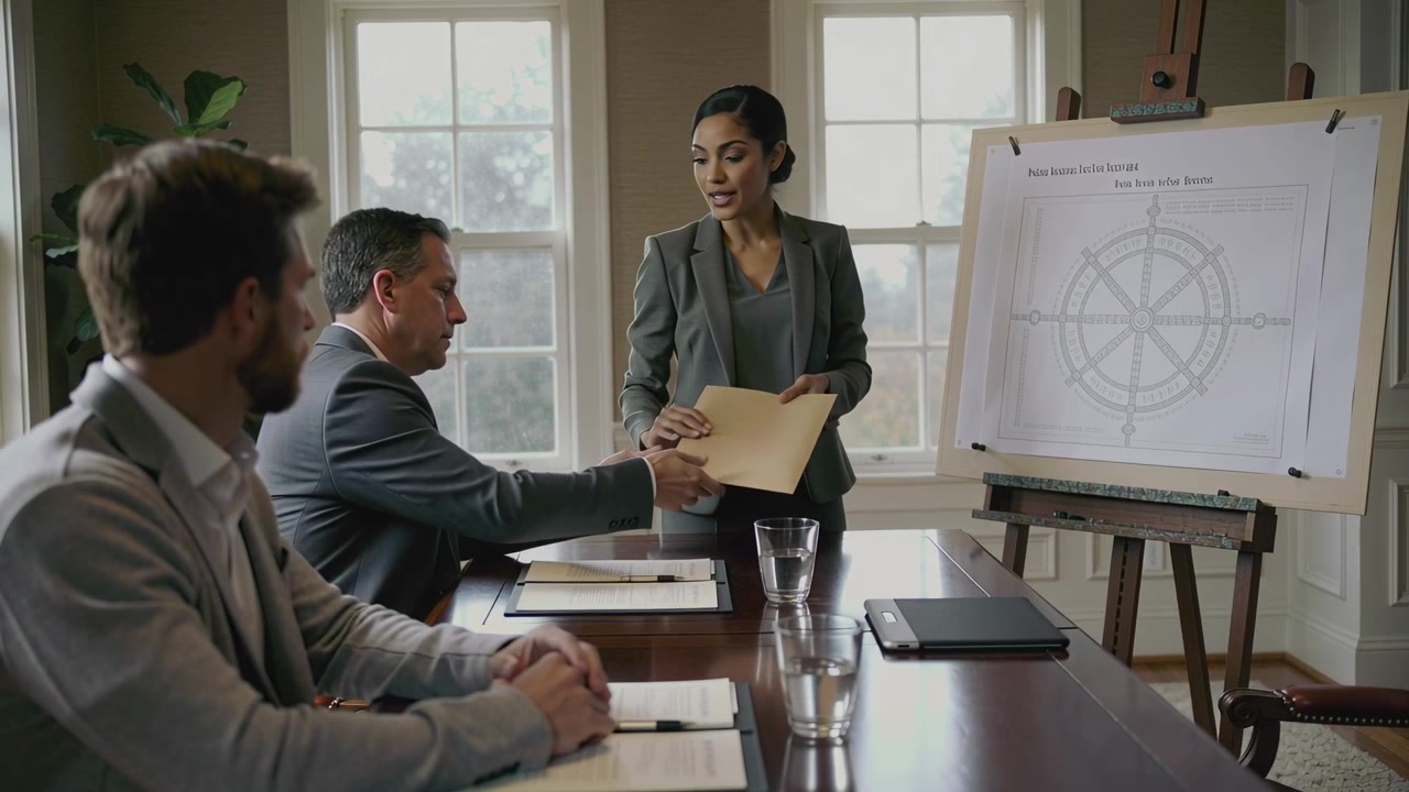 Woman in gray blazer handing manila folder for review in boardroom, revealing flip chart