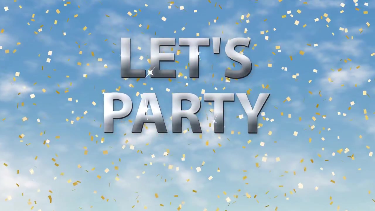 Silver 3D text appears amidst falling gold confetti against a drifting blue cloudy sky background.