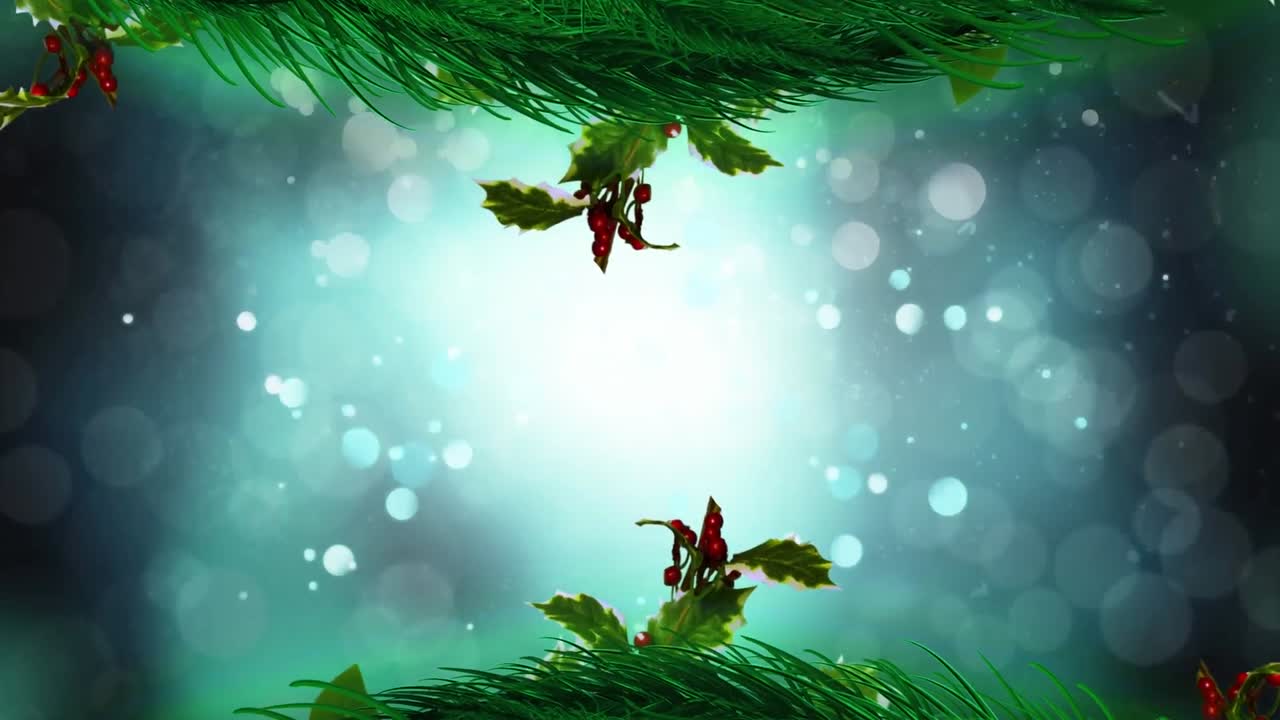 Animazione di neve che cade e luce blu brillante con un bordo a forma di albero di Natale