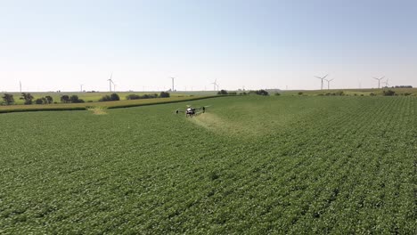 ag drone spraying chemicals on a soybean field in iowa in the summer