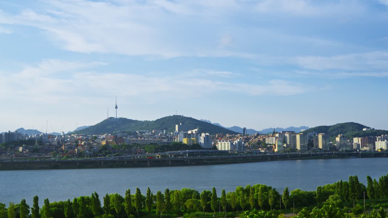 Wide aerial view of the Seoul city skyline with the iconic Namsan Tower and the Han River on a beautiful sunny day in South Korea