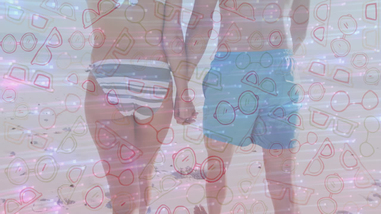 People walking on beach with colorful geometric shapes animation overlay