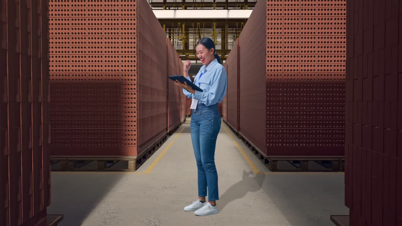 Full Body Side View Of Asian Female With Her Tablet With Red Brick Packed in Stacks Are Stored, She Raises Her Fist Up With Screaming Goal