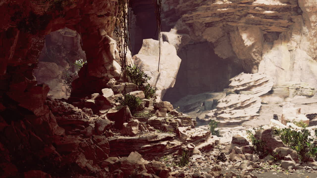 Majestic canyon with rock formations and vibrant greenery in golden light
