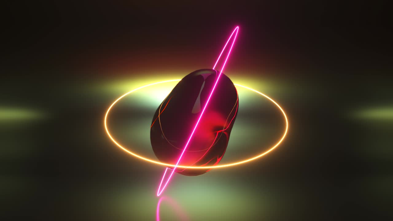 fondo abstracto con esferas oscuras transformadas iluminadas por anillos de neón. animación 3d de bucle sin costuras