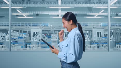 vista lateral de una trabajadora profesional asiática de pie con su tableta en la digitalización de la fábrica para un proyecto innovador, ella levanta el puño con un objetivo gritando después de comprobar en la tableta