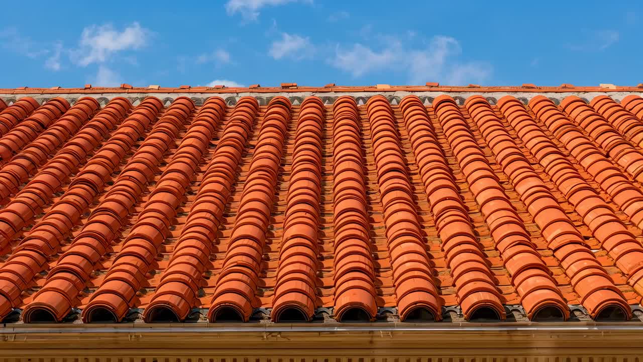 Displaying clay tiles on sloped roof, highlights shifting on eave as gentle breeze moving clouds