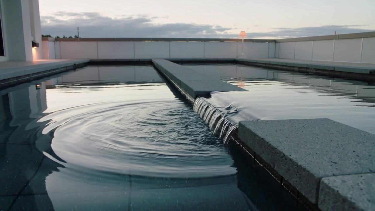 Acqua della piscina che trabocca da un divisorio rialzato, riversandosi come una cascata e formando increspature in una piscina sul tetto