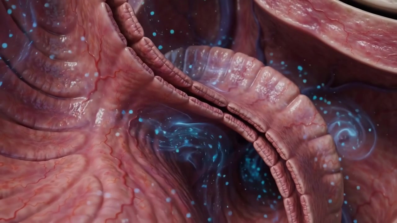 Primo piano estremo di tessuto mucoso nasale rosa ripiegato con particelle blu luminose che scorrono attraverso un passaggio stretto