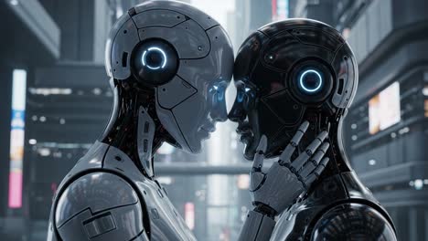 a futuristic encounter: two robots gaze into each other's eyes in a cybernetic landscape, emphasizing advanced ai connections and emotional intimacy
