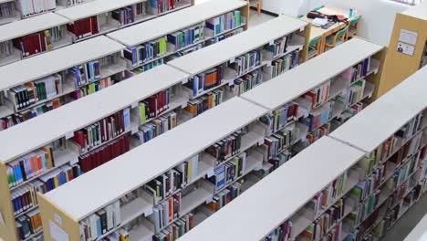 Statischer-Schuss-Von-Oben-Nach-Unten-Von-Reihen-Von-Bücherregalen-In-Der-Bibliothek