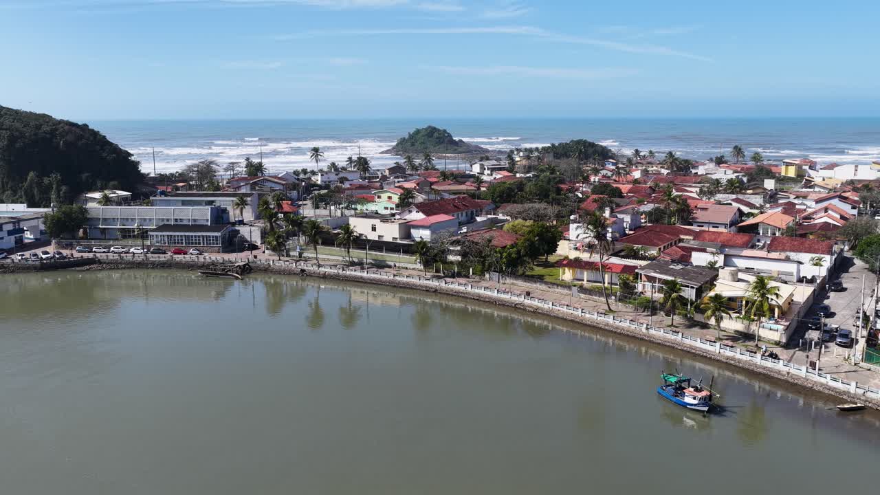 Fishermens Pier At Itanhaem In Sao Paulo Brazil. Beach Skyline. Downtown Cityscape. Summer Travel. Fishermens Pier At Itanhaem In Sao Paulo Brazil. Seascape Scenery