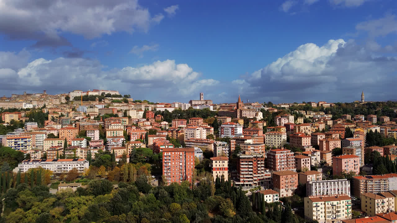 Aerial of Perugia umbria historic hill city with renaissance architecture and terracotta rooftops
