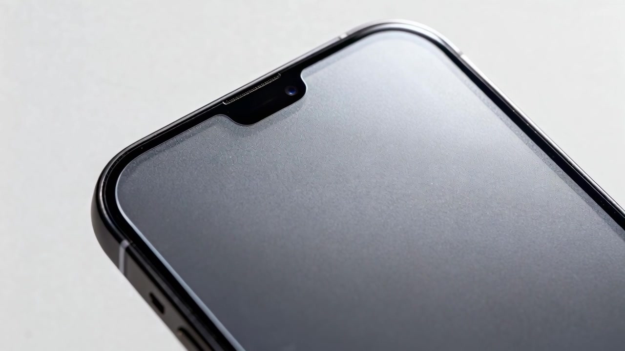 Rotating phone corner tilting closer on pale table for demo as camera starting showing notch port