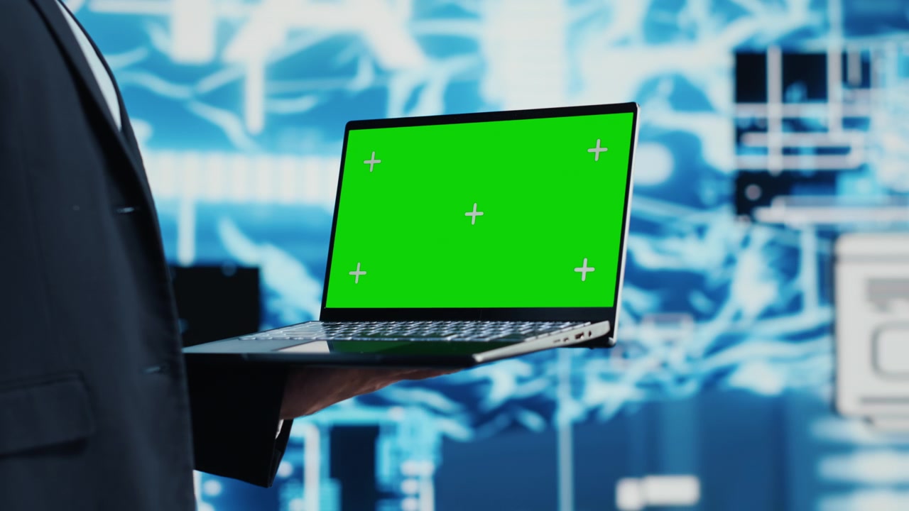General manager holds a chroma key laptop beside neural networks