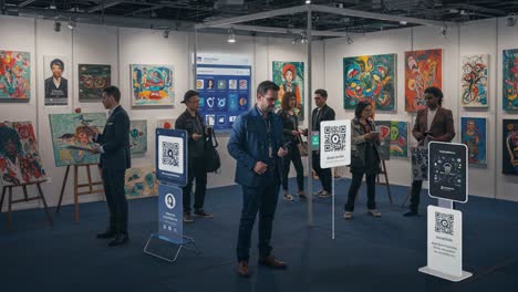 colorful art exhibition featuring diverse paintings and engaged attendees interacting with digital displays and qr codes in a modern gallery setting