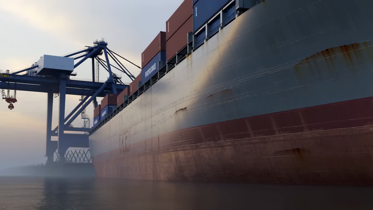 Large Container Ship Docked at a Misty Port with a Gantry Crane