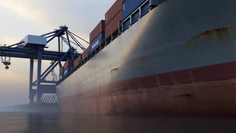 large container ship docked at a misty port with a gantry crane