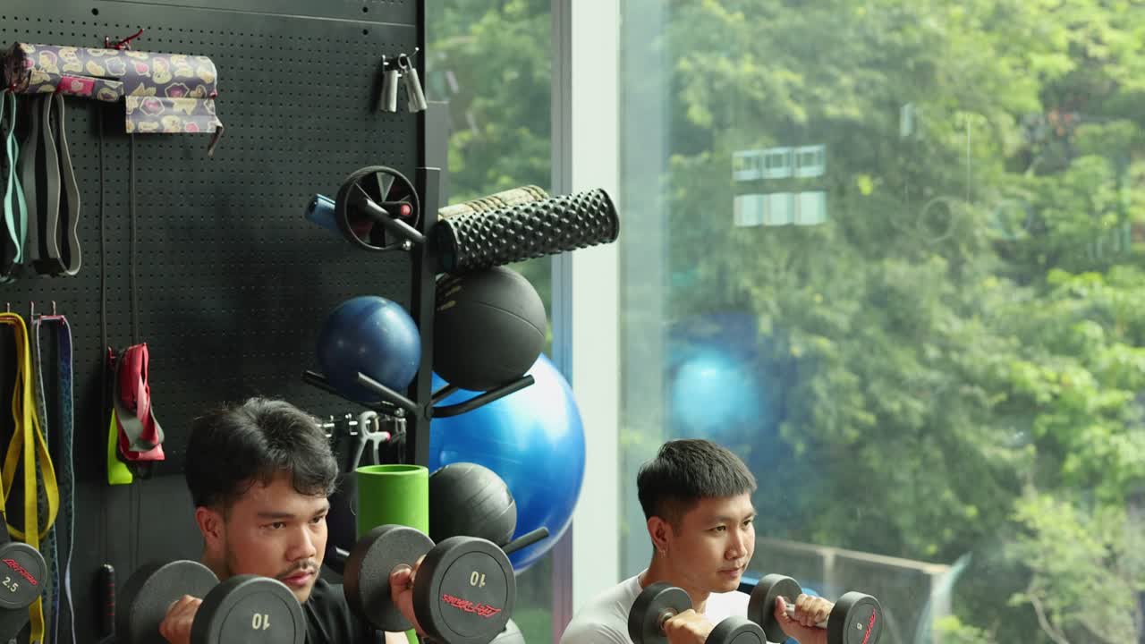 Two men perform dumbbell squats in a brightly lit gym with a lush outdoor view