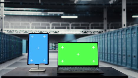 close up of isolated screen tablet and mockup laptop in data center
