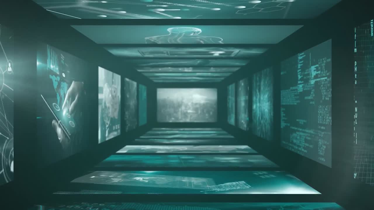 연결 네트워크와 스크린에서 디지털 데이터 처리를 가진 스크린의 애니메이션