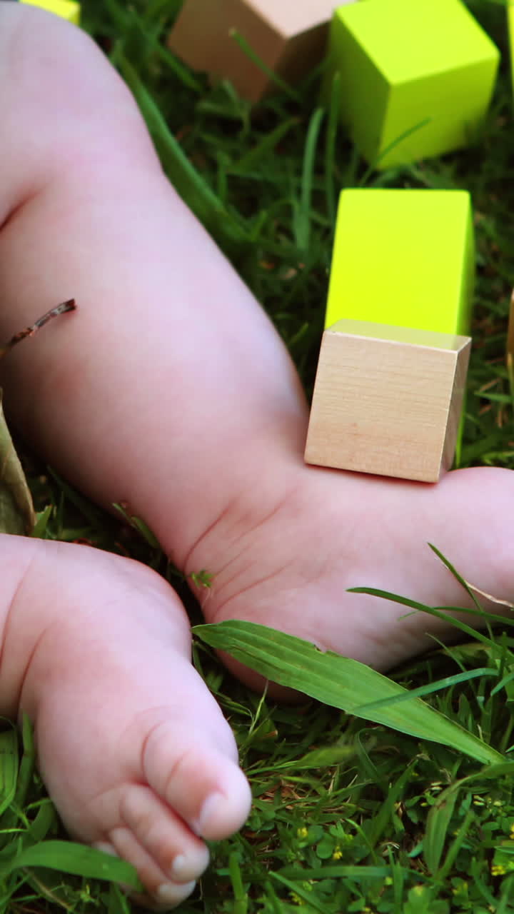 Baby boy playing with building blocks on the grass