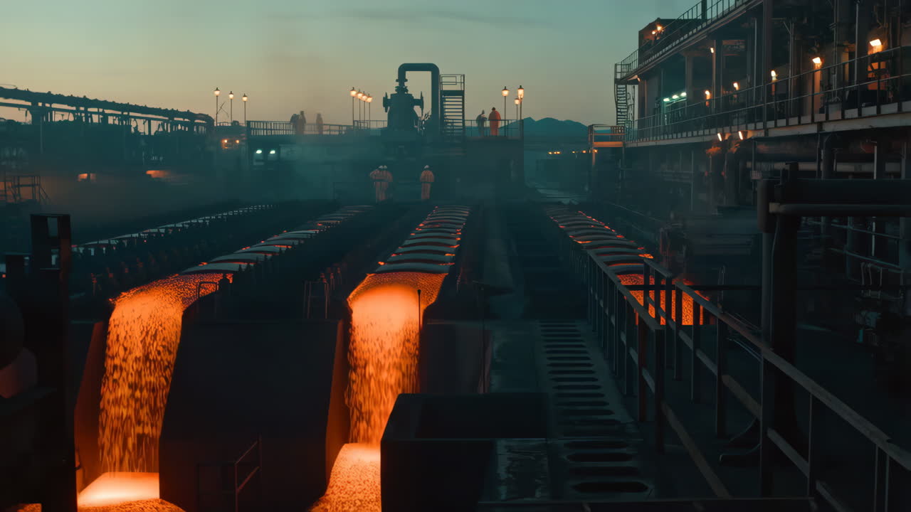 Molten Metal Pouring in a Copper Smeltery at Dusk
