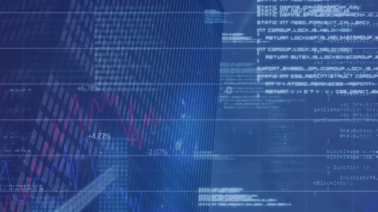 Animation of financial data processing over blue background