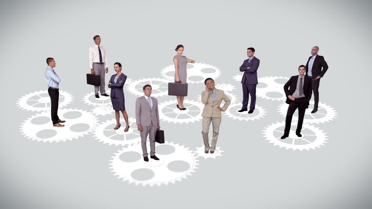gente de negocios de pie en engranajes y ruedas en movimiento