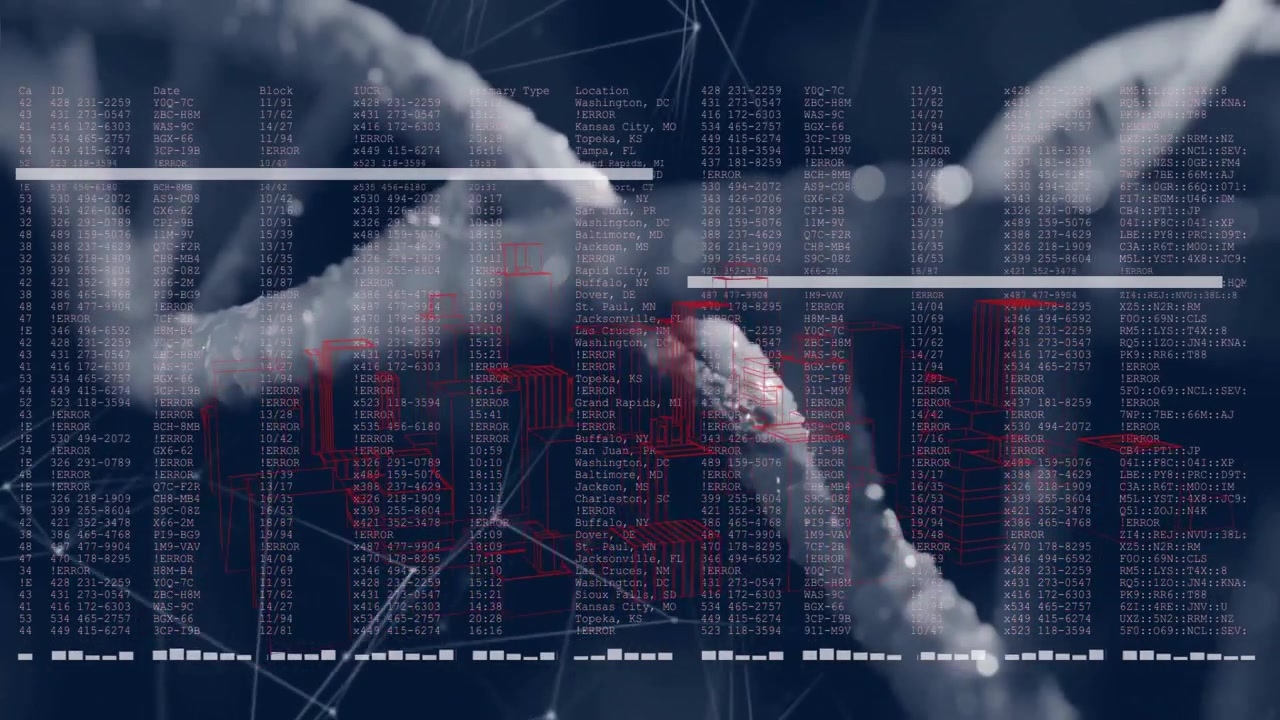 Upon startup 3D DNA helix rotating while data scrolling and mesh revealing genetic processing
