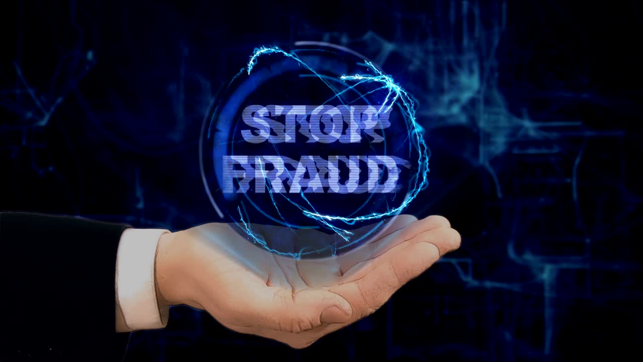 Painted hand shows concept hologram Stop fraud on his hand
