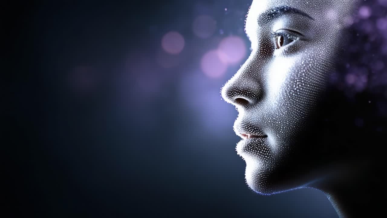 Una transizione accattivante da visualizzazione eterea a ritratto iperrealistico che mette in mostra i dettagli intricati di un volto umanoide illuminato da particelle turbinanti