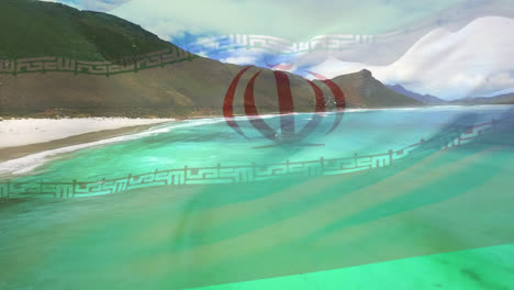 Digitale-Komposition-Der-Schwenkenden-Iranischen-Flagge-Vor-Der-Luftaufnahme-Des-Strandes-Und-Der-Meereswellen