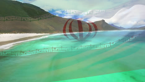 digital composition of waving iran flag against aerial view of the beach and sea waves
