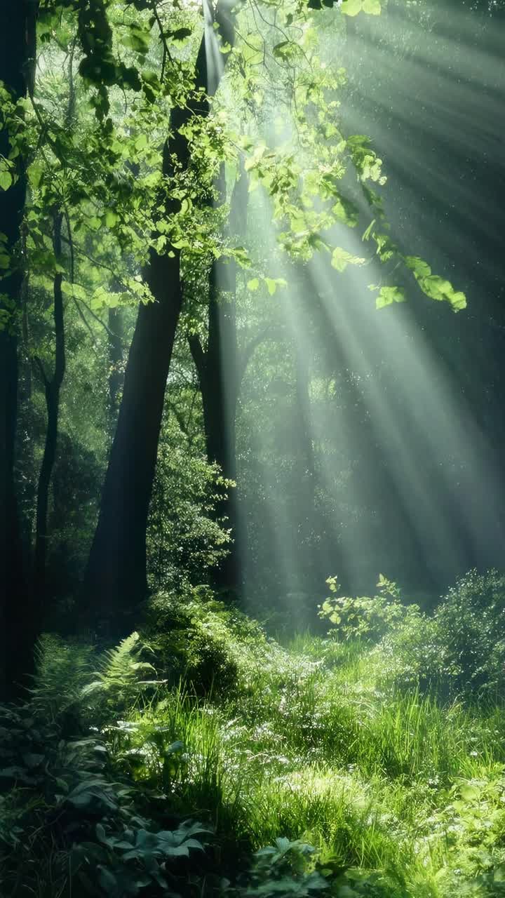 Sunlight filters through lush forest canopy, creating a serene, mystical atmosphere