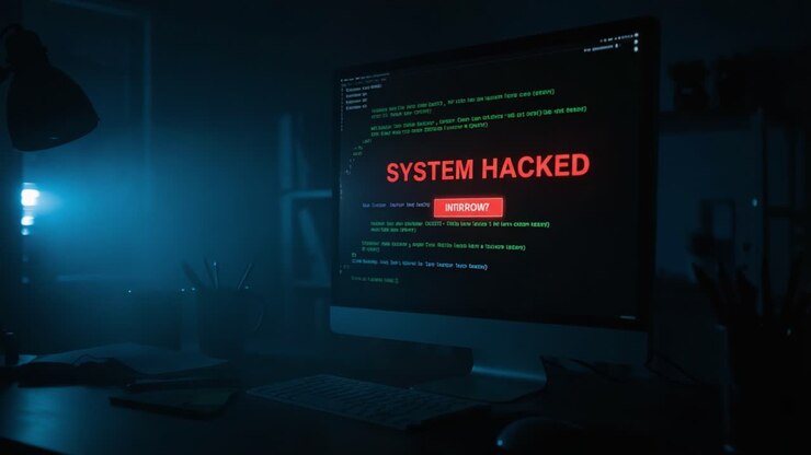 A Dark Room with a Computer Screen Displaying 'SYSTEM HACKED' in Red Letters, Illuminating Code and Warning Messages in a Haunting Atmosphere