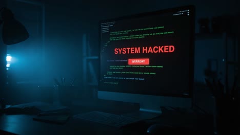 A Dark Room with a Computer Screen Displaying &#039;SYSTEM HACKED&#039; in Red Letters, Illuminating Code and Warning Messages in a Haunting Atmosphere