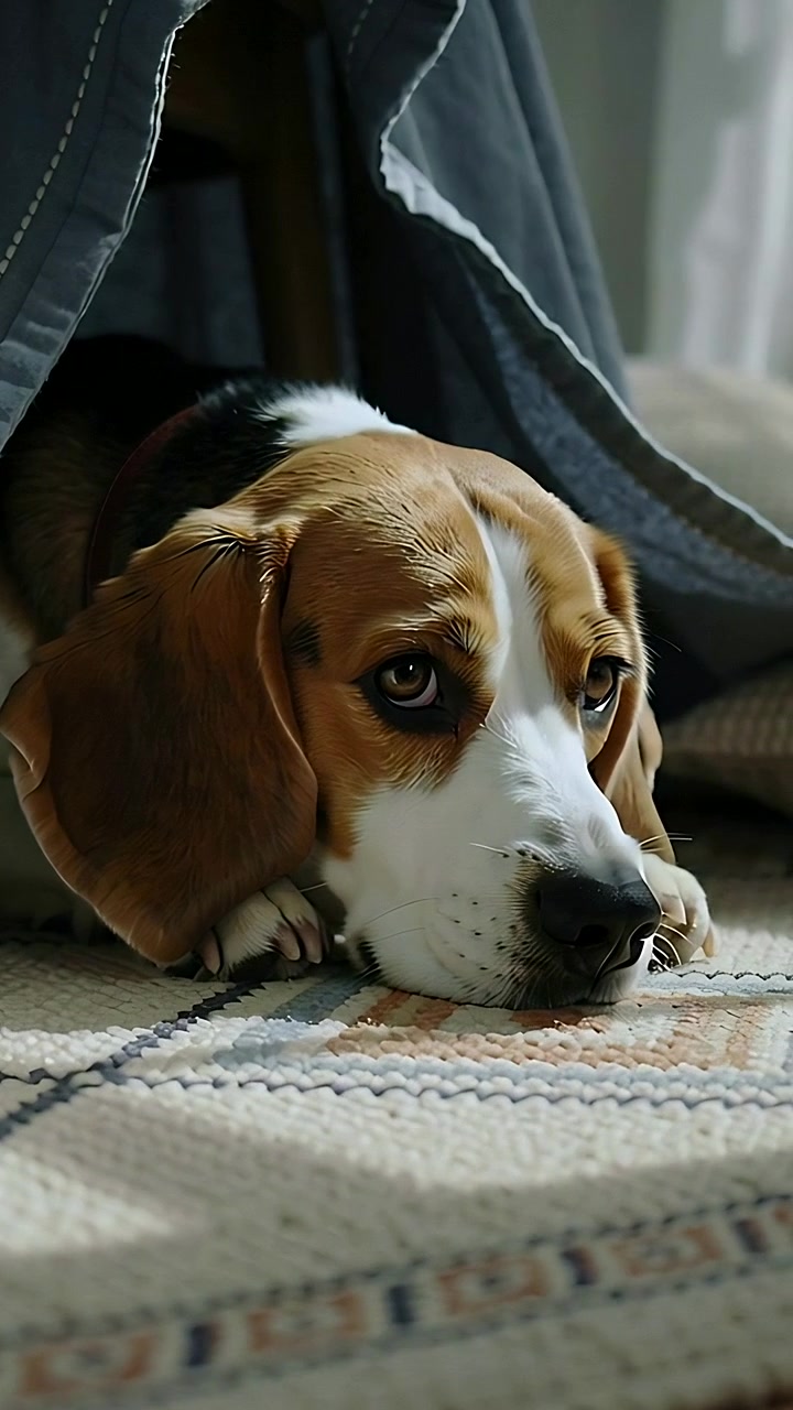 Vídeo vertical: Luz do sol, beagle levantando a cabeça e olhando para a direita sob uma manta, tapete e perna
